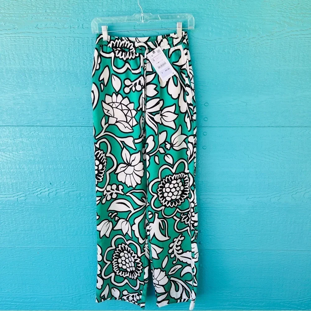 ZARA SATIN PALAZZO PANTS FLORAL PRINT ELASTIC WAIST SIZE SMALL KELLY GREEN  NWT